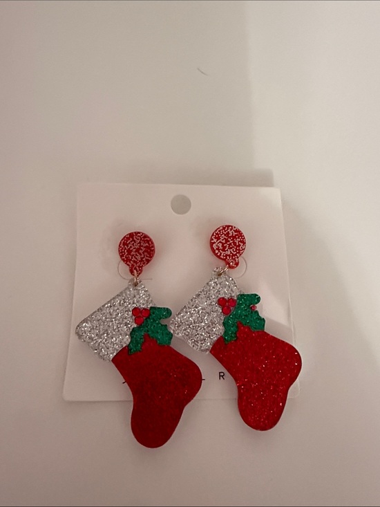 Jewelry - Kids Red Glitter Christmas Stocking Drop Earrings - Unbranded